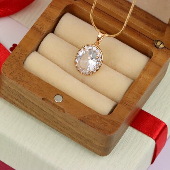 "Oval White Pendant with Crystal Halo in Elegant Rose Gold Plating, XPPT1621 - Picture 7 of 13